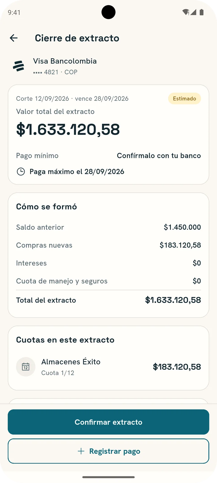 Cierre de extracto de una Visa: valor total, cómo se formó y las cuotas en este extracto.