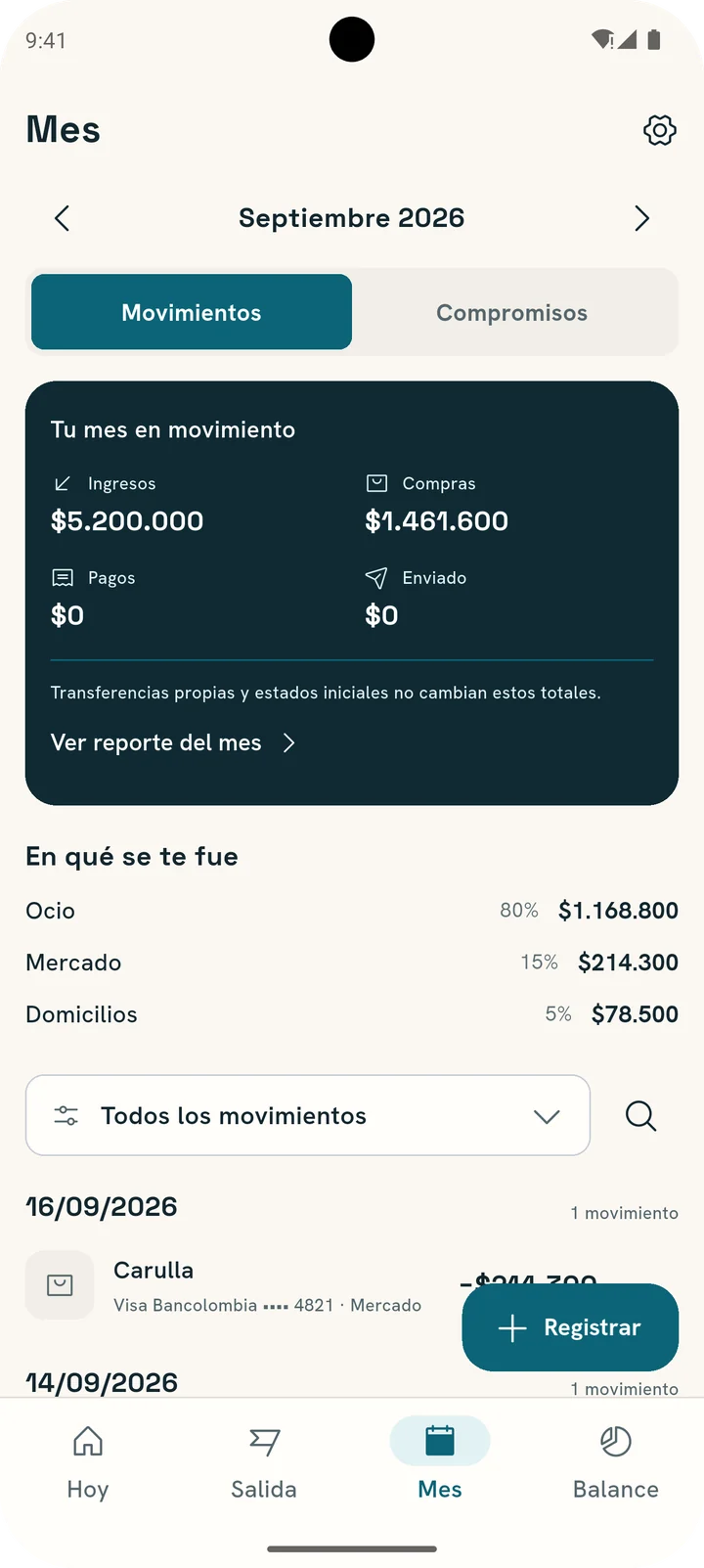 Pantalla Mes en Movimientos: tu mes en movimiento y en qué se te fue por categoría.