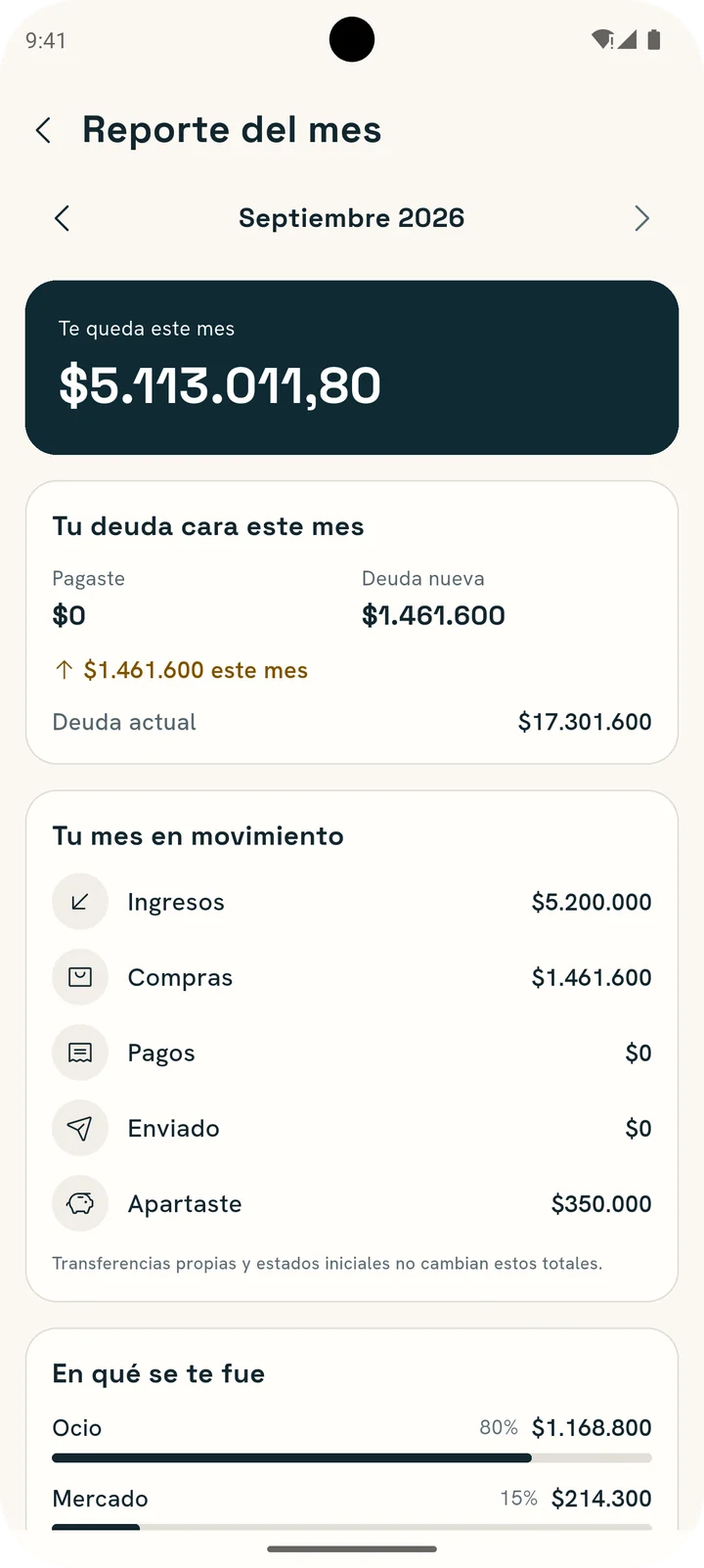 Reporte del mes: te queda este mes, tu deuda cara este mes y tu mes en movimiento.