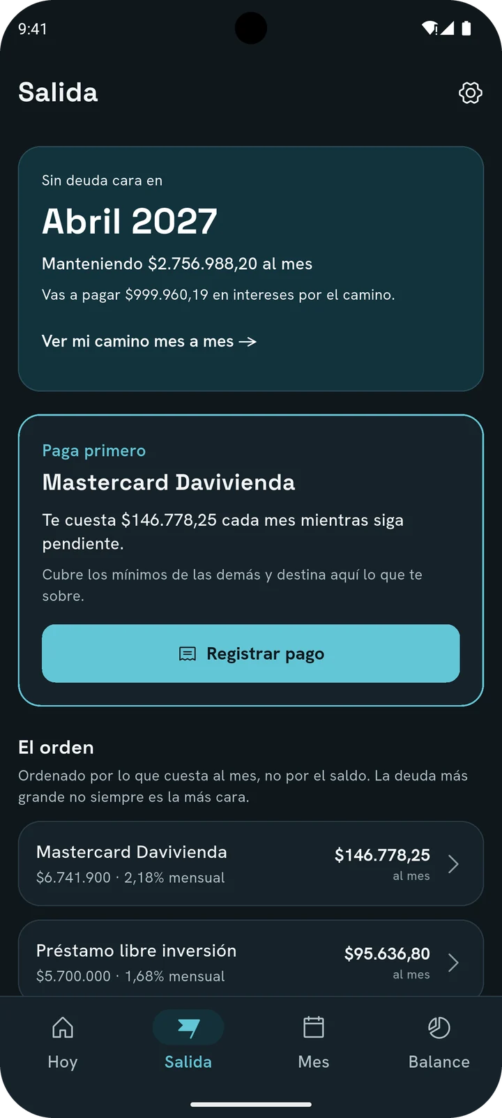 Pantalla Salida en modo oscuro.
