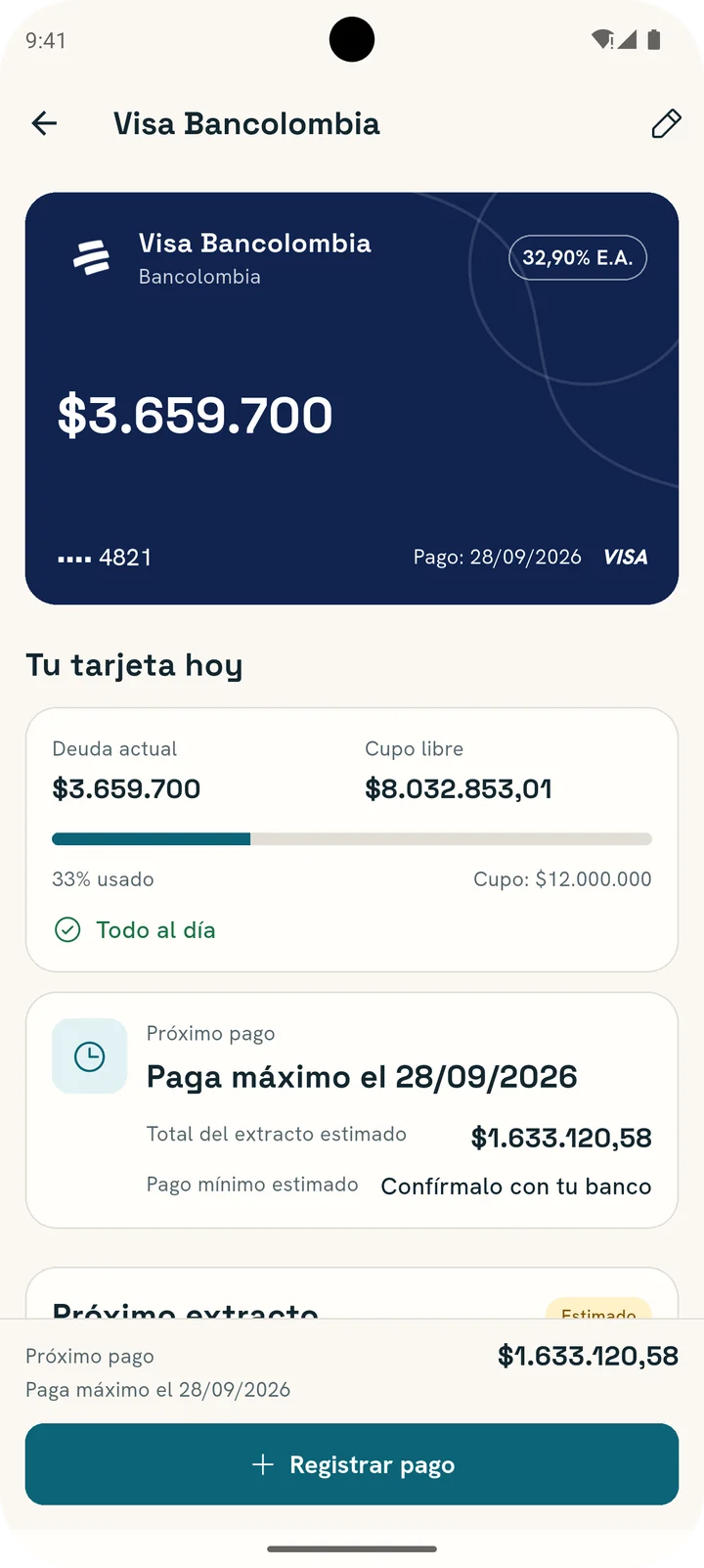 Detalle de una tarjeta Visa: deuda actual, cupo libre, todo al día y paga máximo el 28 de septiembre.